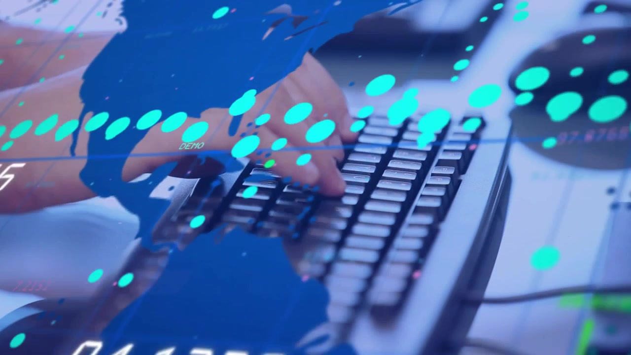First keystroke starting hands typing on keyboard while blue overlays shifting and updating metrics