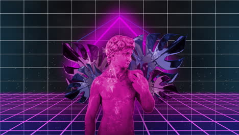 animación de interferencia sobre escultura con hojas tropicales y sobre líneas sobre fondo negro