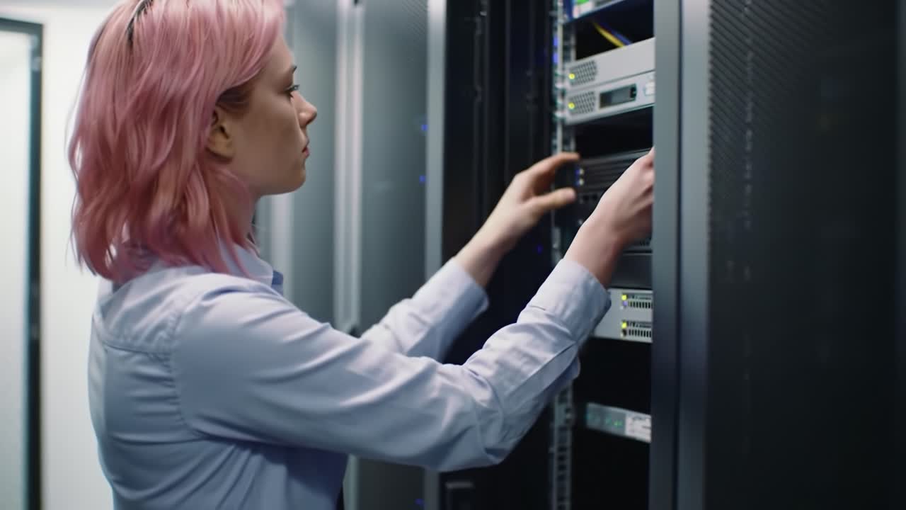A Focused Technician with Pink Hair Adjusts Data Center Equipment, Ensuring Optimal Performance During a Critical Maintenance Operation in a Modern Server Room