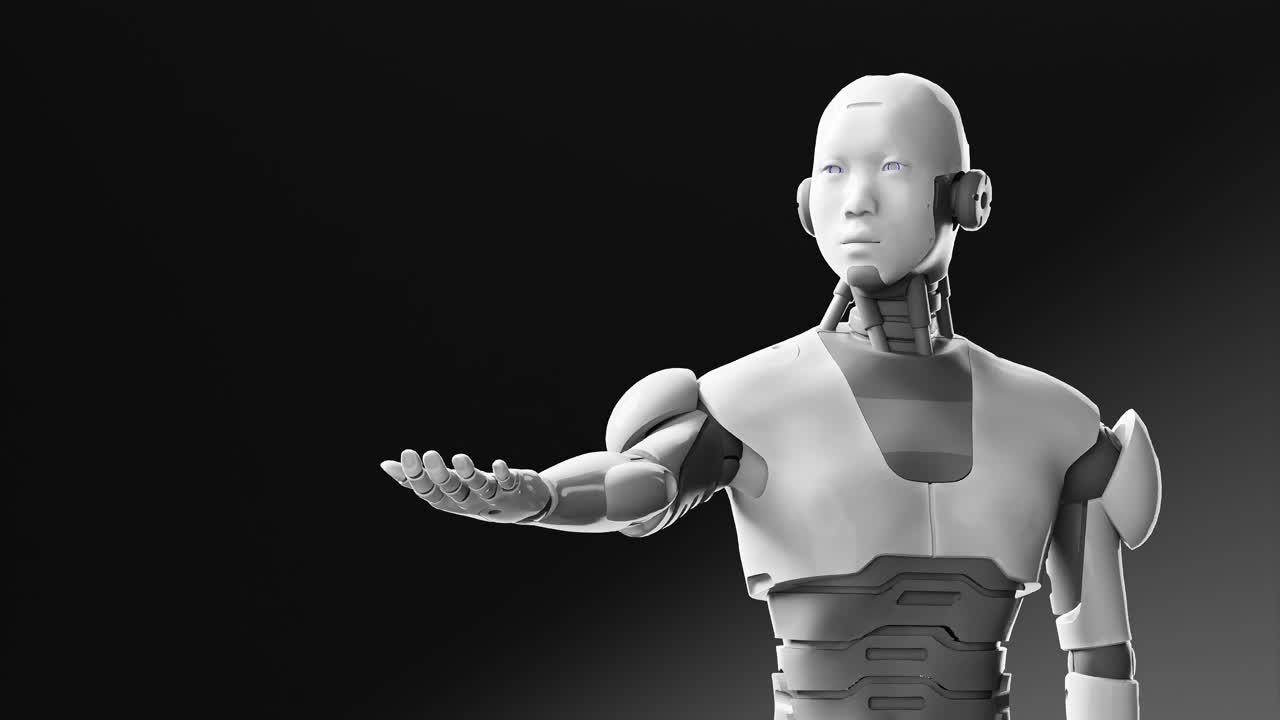 Humanoid cyborg prototype moving arm and showing palm hand empty space ...
