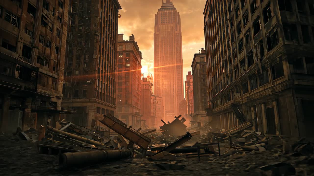 After still view, camera pushing forward into street at sunset, exposing collapsed steel beams