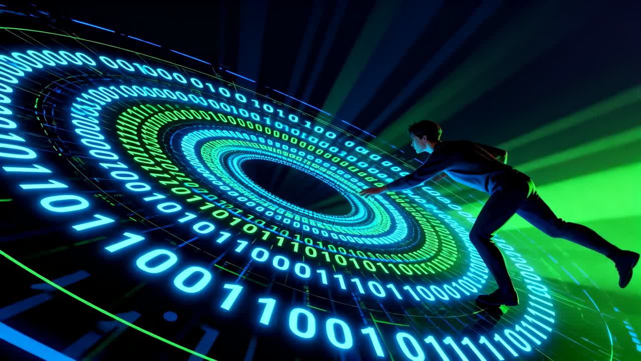 Anelli binari raggiungibili, uomo in abiti scuri accovacciato in uno spazio demo, che studia il vortice, copy space