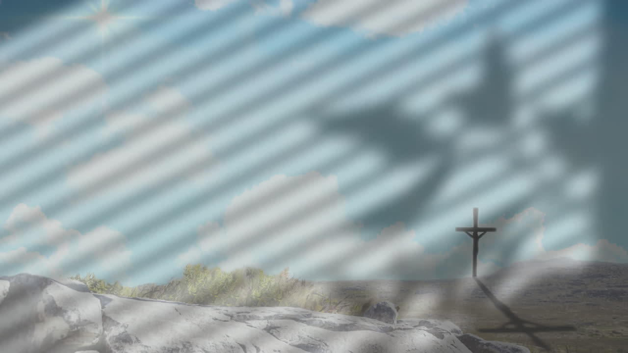 Dragon animation flying over cross on rocky landscape under cloudy sky