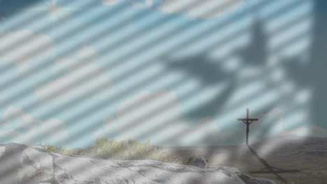 dragon animation flying over cross on rocky landscape under cloudy sky