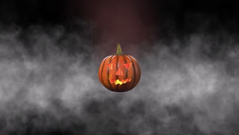 halloween pumpkin with fire burning inside it, dust particles, and fog, on black background 3d animation camera zoom in