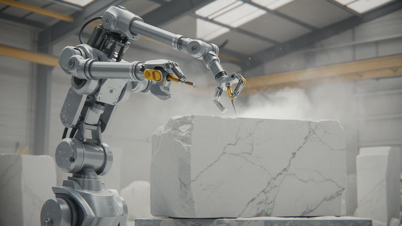 A Robotic Arm Sculpting Stone: Innovating Art through Precision Craftsmanship in a Modern Workshop Environment