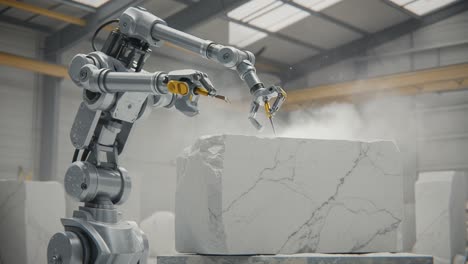 a robotic arm sculpting stone: innovating art through precision craftsmanship in a modern workshop environment
