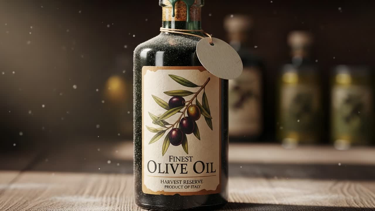An Exquisite Representation of the Finest Olive Oil: A Harvest Reserve Bottle Showcasing Its Elegant Design and Rich Aromatic Qualities in a Rustic Setting