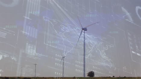 Animation-of-interface-with-data-processing-over-spinning-windmills-on-grassland-against-grey-sky