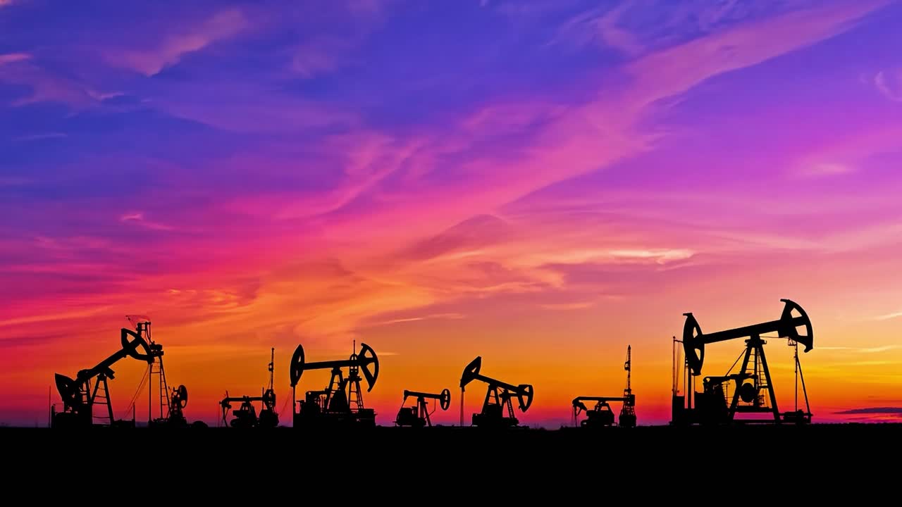 siluetas de plataformas petroleras contra un impresionante cielo al atardecer
