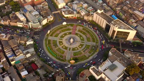 Wongwian Yai roundabout. Aerial view of highway junctions. Roads shape circle in structure of architecture and technology transportation concept. Top view. Urban city, Bangkok Downtown, Thailand.