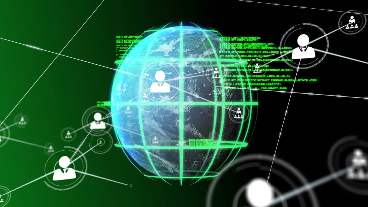 Animation of network of connections with icons over globe and data processing