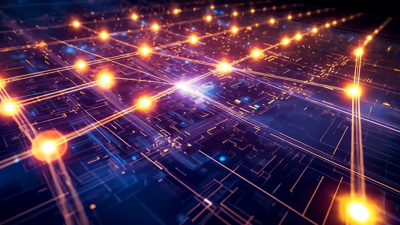 Starting pullback revealing digital network growing on grid with lit orange nodes and blue sparkles