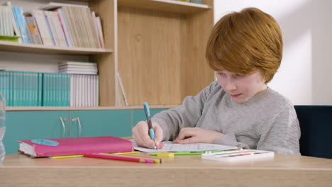 Ginger-Boy-Sitting-At-Desk-And-Drawing-In-Notebook-During-Class-At-School