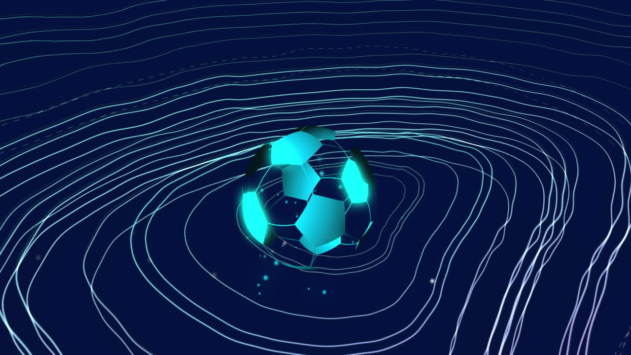 анимация освещенного футбольного мяча, движущегося по круговому рисунку на черном фоне
