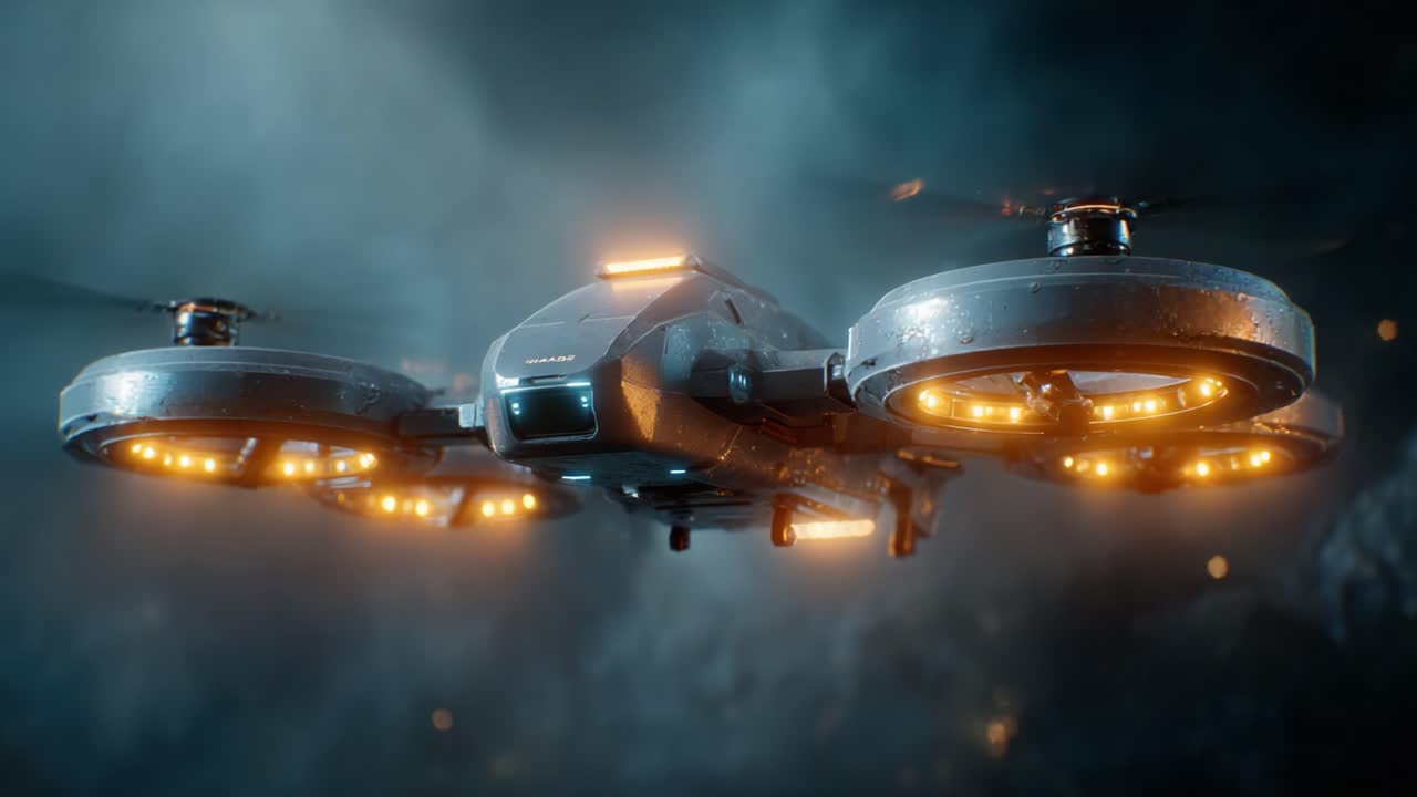 A Stunning Futuristic Drone Captured in a Mystical Setting with Illuminating Lights, Showcasing Its Advanced Design and Precision Engineering