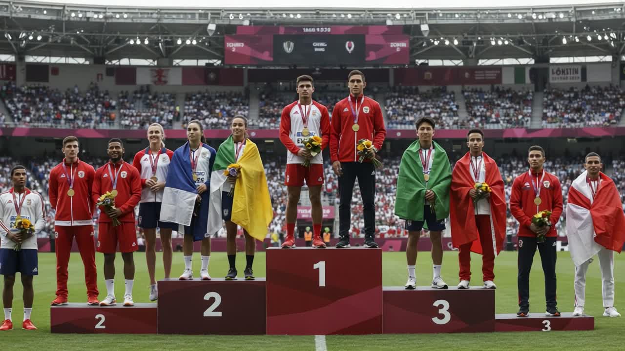 Celebrating Achievement: Athletes Stand Proudly on the Podium with Medals and Flowers after a Riveting Competition, Representing Excellence in Sportsmanship and Dedication