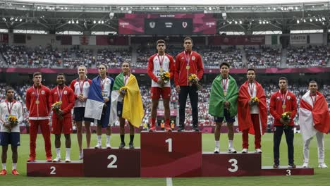 celebrating achievement: athletes stand proudly on the podium with medals and flowers after a riveting competition, representing excellence in sportsmanship and dedication