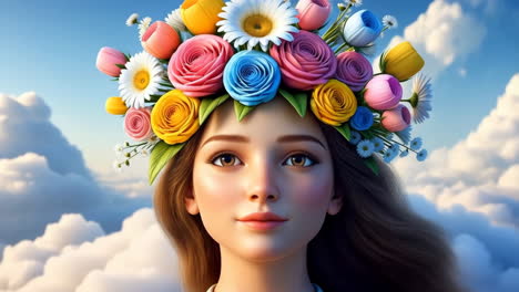 Woman with Colorful Flower Crown in Sky
