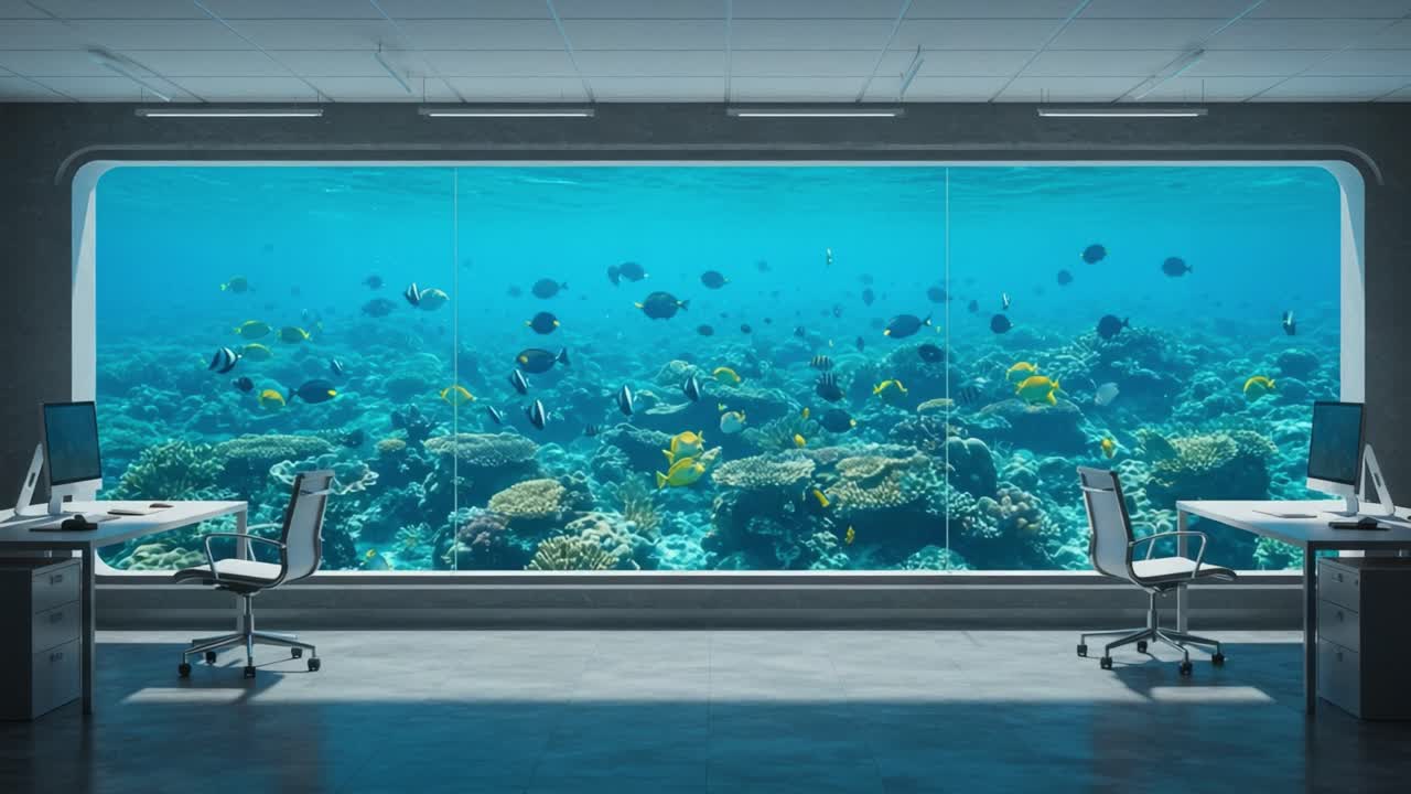 A Serene Office Space with a Stunning Underwater View of Vibrant Coral Reefs and Colorful Marine Life, Blending Nature with Modern Workspace Design