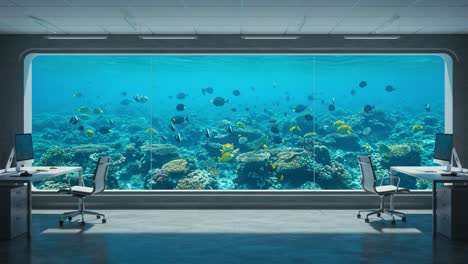a serene office space with a stunning underwater view of vibrant coral reefs and colorful marine life, blending nature with modern workspace design