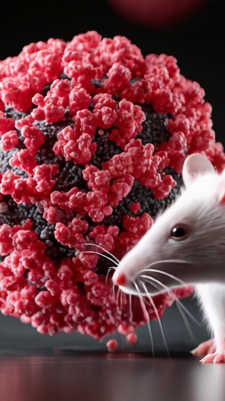 Una vista ravvicinata di un virus stilizzato rappresentato da una struttura rossa e nera, in contrasto con le caratteristiche di un topo da laboratorio bianco, mostrando un'intersezione unica tra vita e scienza.