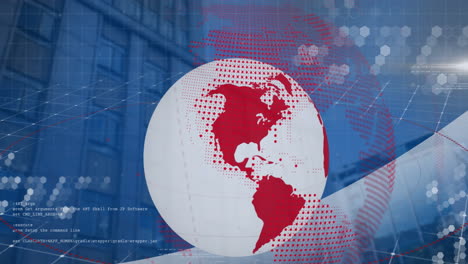 animation of spinning globe and data processing against tall building