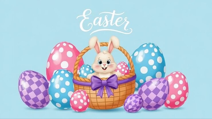 Animated easter bunny in a basket with colorful eggs