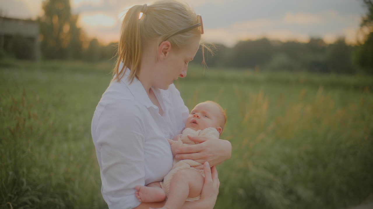 Smiling Woman Holding Baby at Sunset