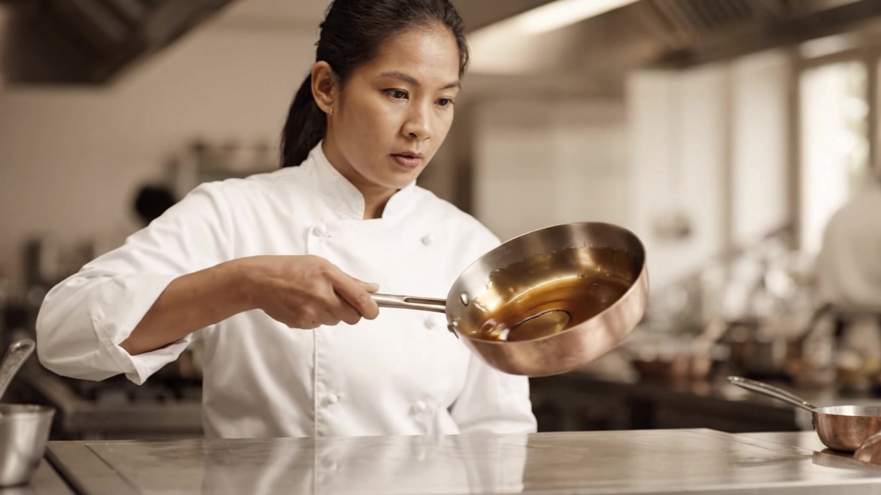 Seorang koki yang fokus dengan terampil menyiapkan hidangan di dapur profesional, menunjukkan teknik kuliner dan seni memasak dalam lingkungan kuliner yang dinamis