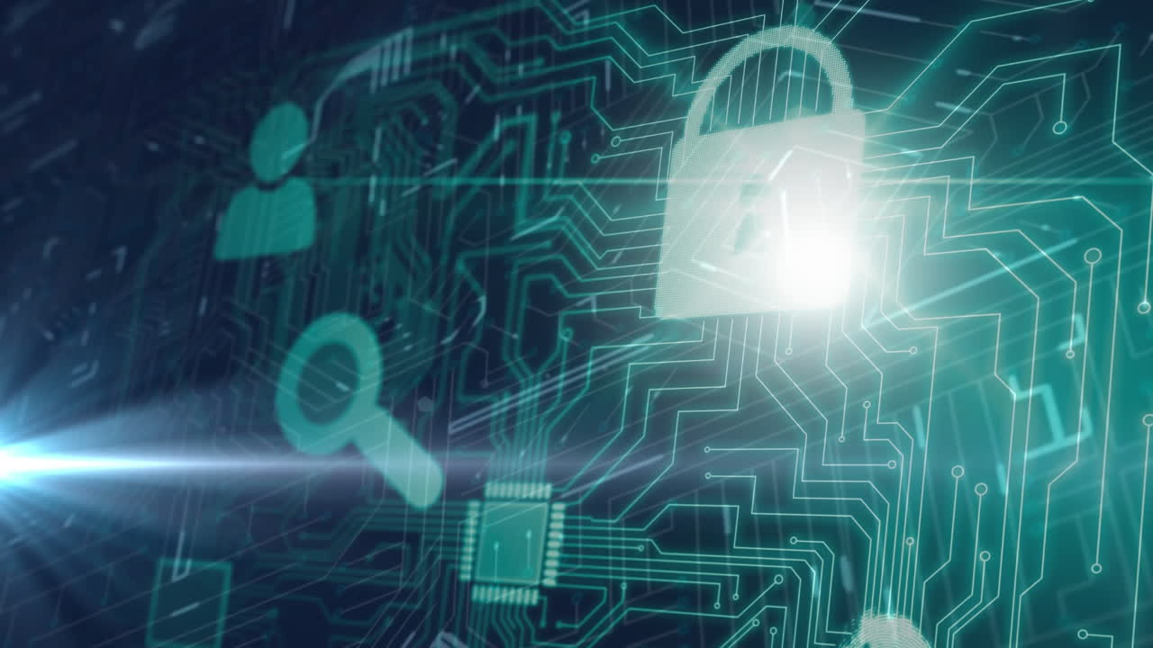 Animation of online security padlock with data processing on computer circuit board