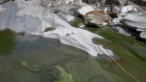 lavertezzo stream flows across grey rocks smoothing out the stones in a patterned structure