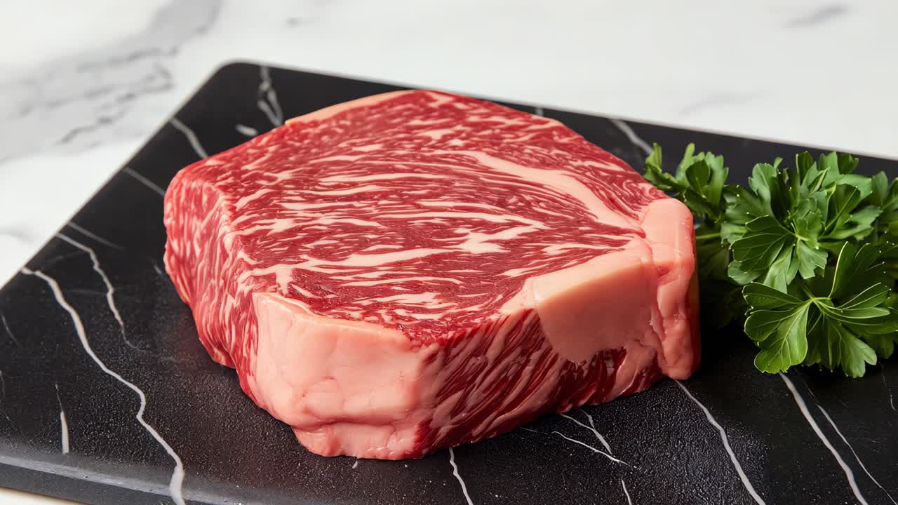 Premium raw wagyu beef steak showcasing intricate marbling, generously garnished with fresh parsley, resting elegantly on black marble surface against pristine white background