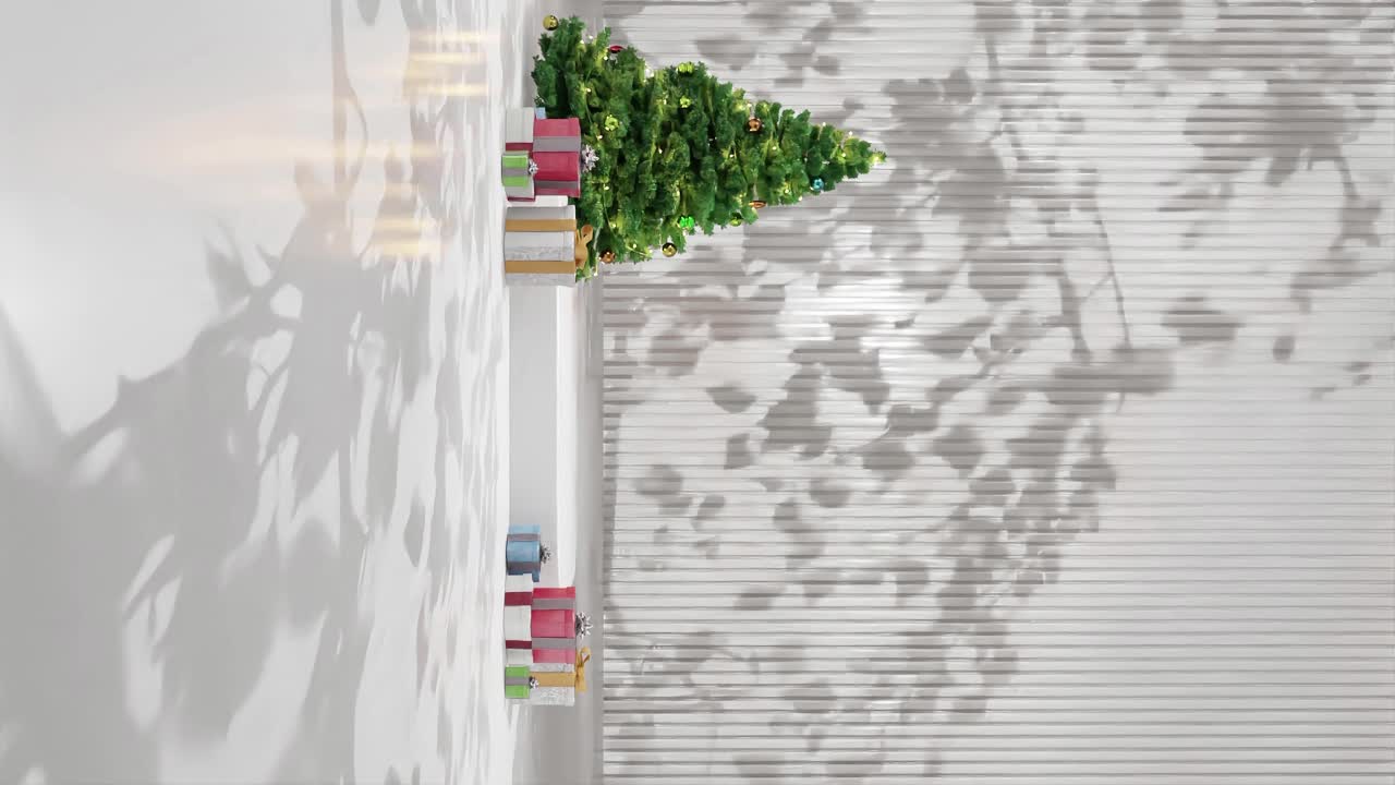 árbol de navidad con adornos y regalos envueltos en un piso verde contra un fondo blanco