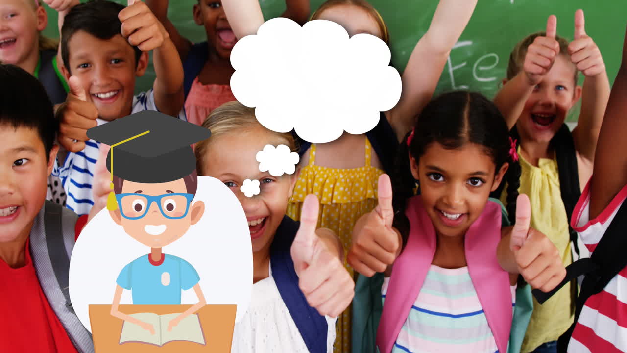 교실에서 학교 아이콘을 학교 어린이 위에 애니메이션