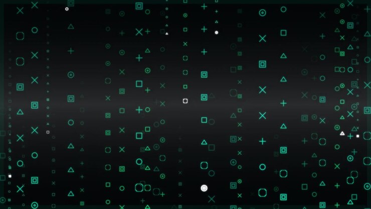 Abstract Digital Background with Falling Geometric Shapes and Symbols