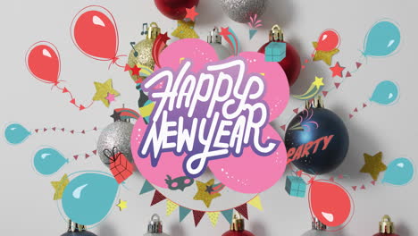 animation of happy new year greetings text over balloons and christmas decorations