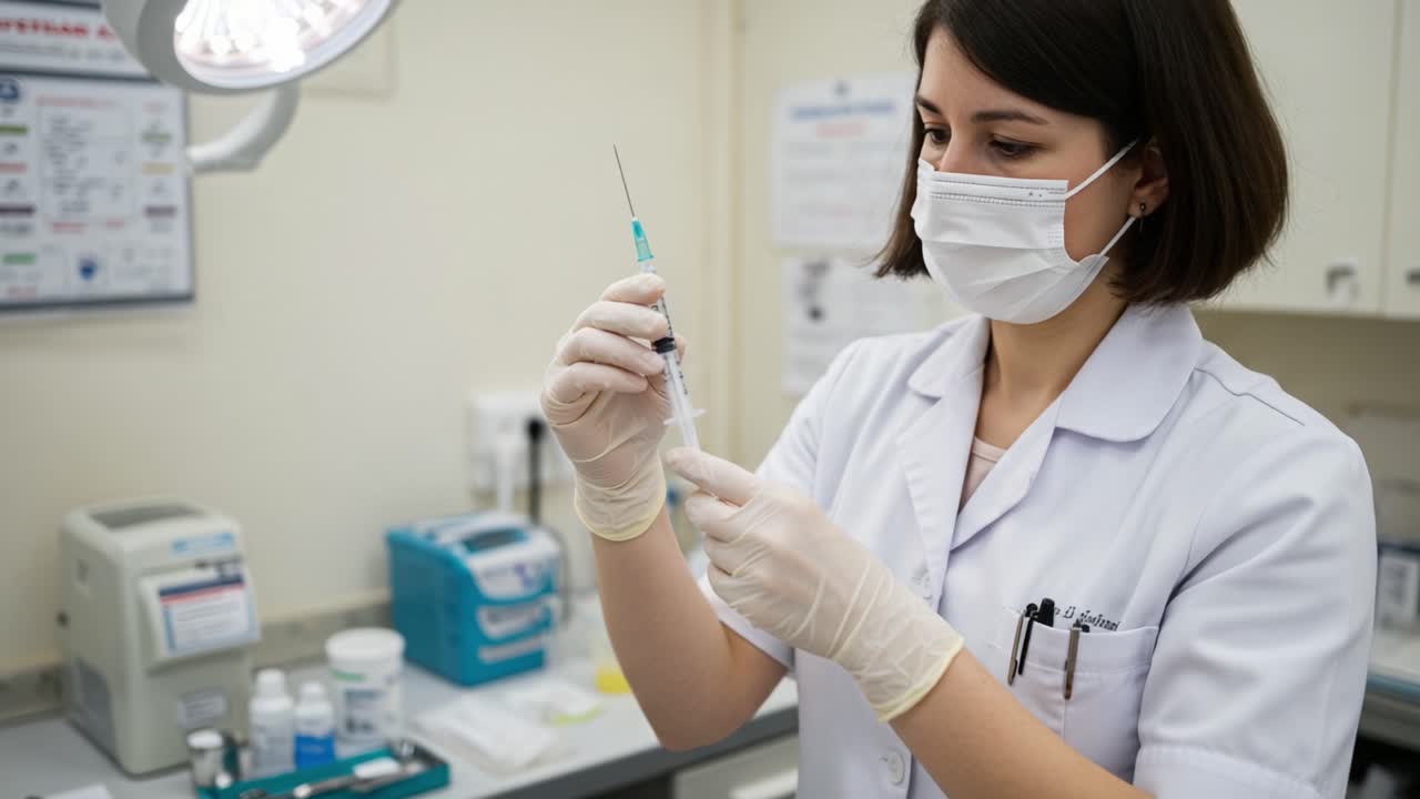 Healthcare Professional Preparing Vaccination with Syringe in Clinical Setting, Ensuring Safety Measures with Protective Gear and Proper Hygiene Protocols