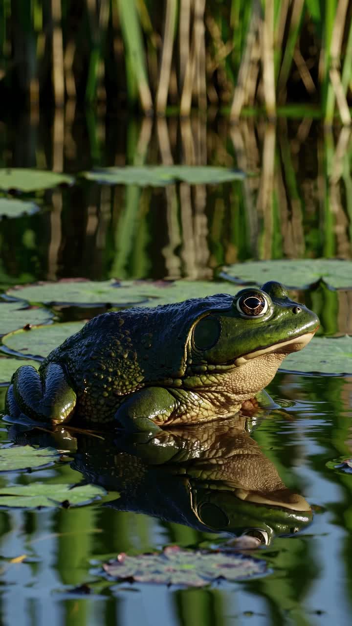 Close-up of a frog on a lily pad in a pond, captured at eye level