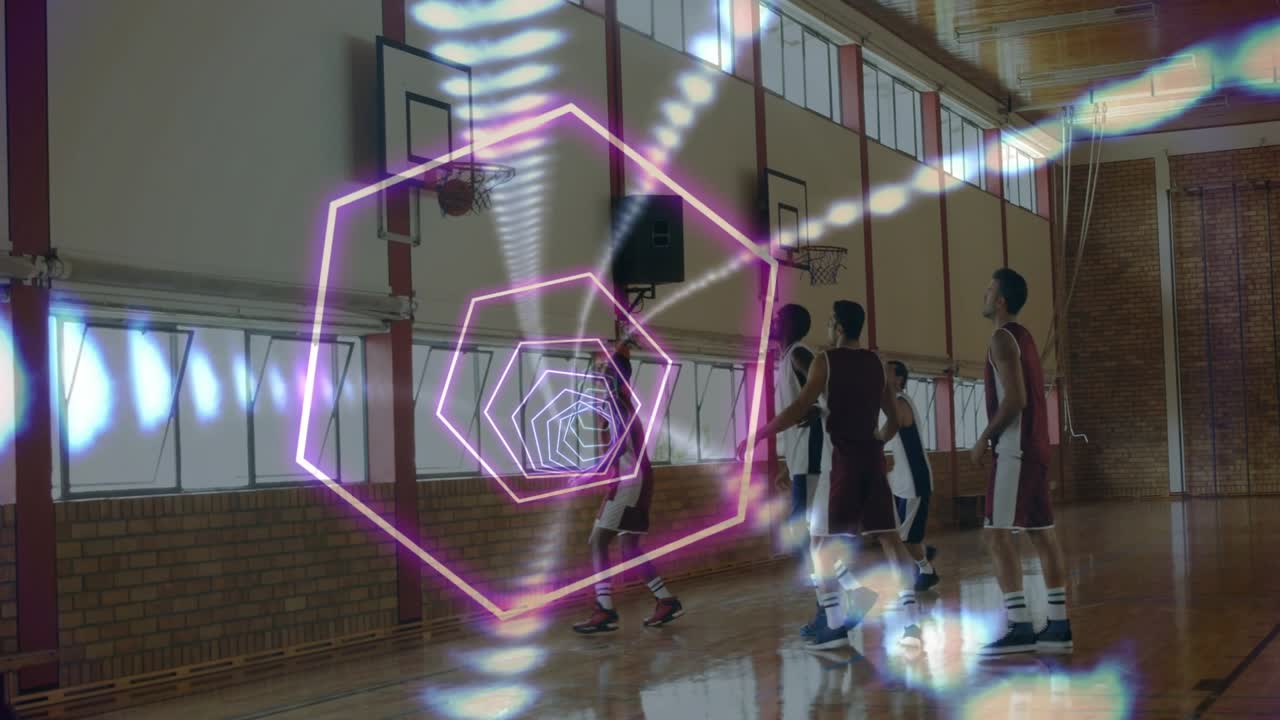 Sports player driving, guard closing, shooting trying score while neon hex spiral pulsing over hoop