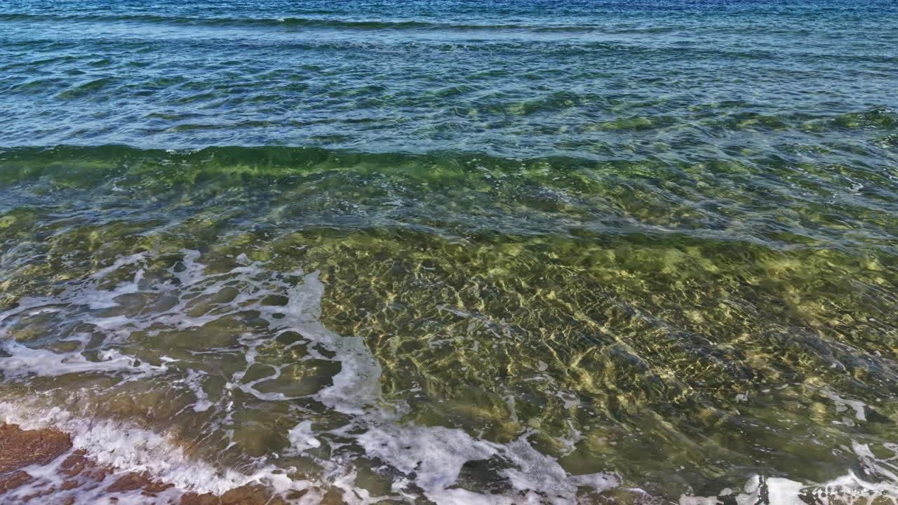 Le onde delicate accarezzano la riva sabbiosa sotto un sole splendente di mezzogiorno sulla spiaggia costiera, creando un'atmosfera serena per il relax e la riflessione.