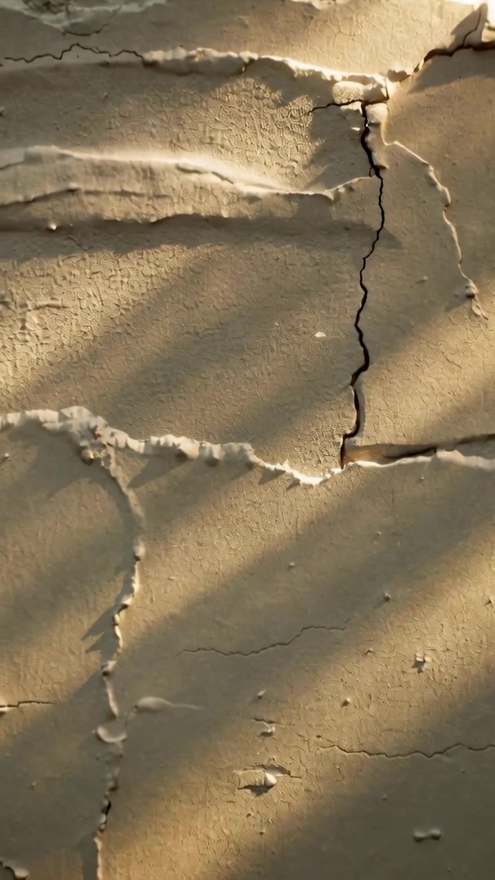 Vertical video: Recording camera tracking slat shadows filming interior plaster wall vertical crack