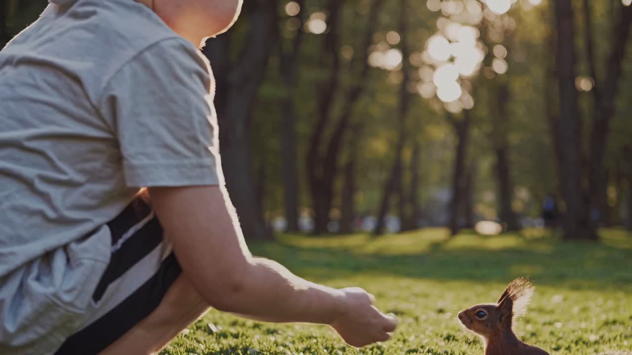 Child Feeding a Squirrel in a Park