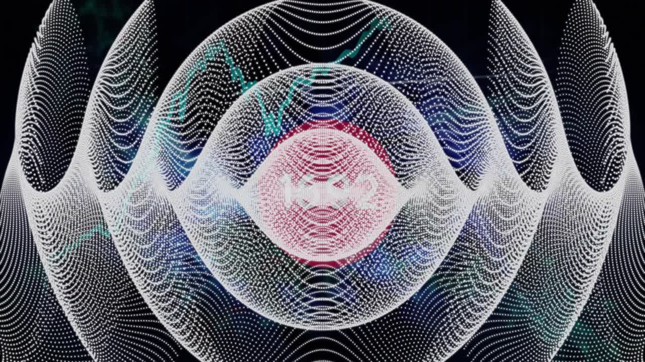 Animation of soundwave pattern over changing numbers, map and graphs on black background