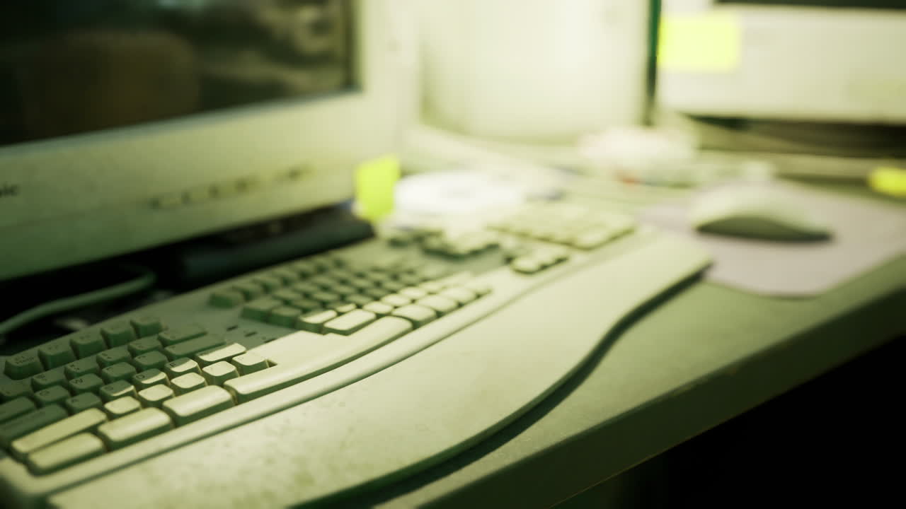 Old computer setup with keyboard and mouse on a work desk