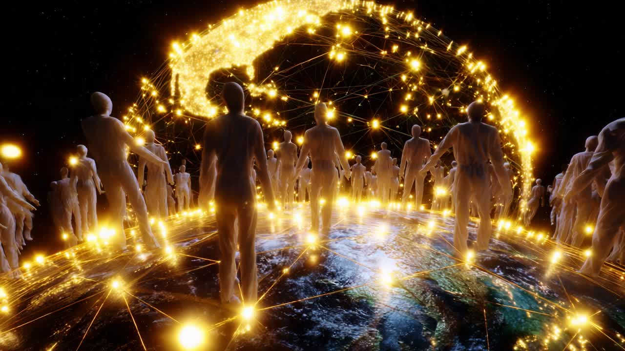A Dazzling Assembly of Ethereal Beings on a Cosmic Globe, Surrounded by Sparkling Connections that Illuminate the Universe, Evoking a Sense of Unity, Futurism, and the Power of Collective Human Experience