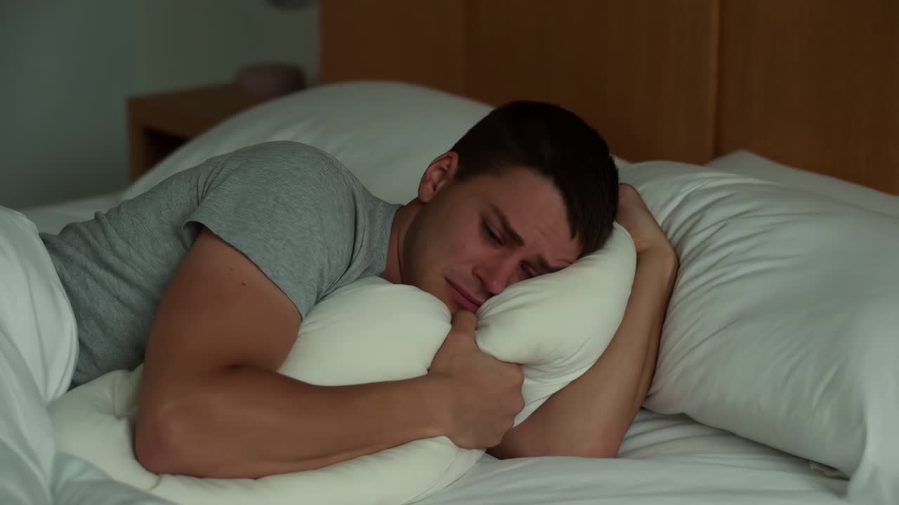 Kavkazský muž svírající polštář s neklidným výrazem, šedé tričko, tlumené osvětlení ložnice, pozdní noční napětí.