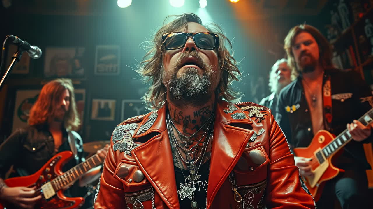 Rock band performing on stage at night. Musicians play a lively rock set in a dimly lit venue with colorful lights highlighting their energetic performance