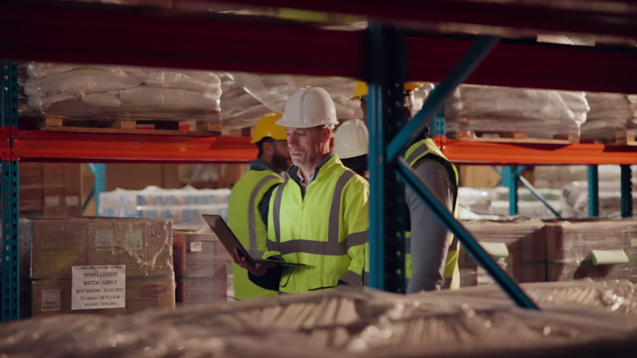 Warehouse workers in safety gear taking inventory