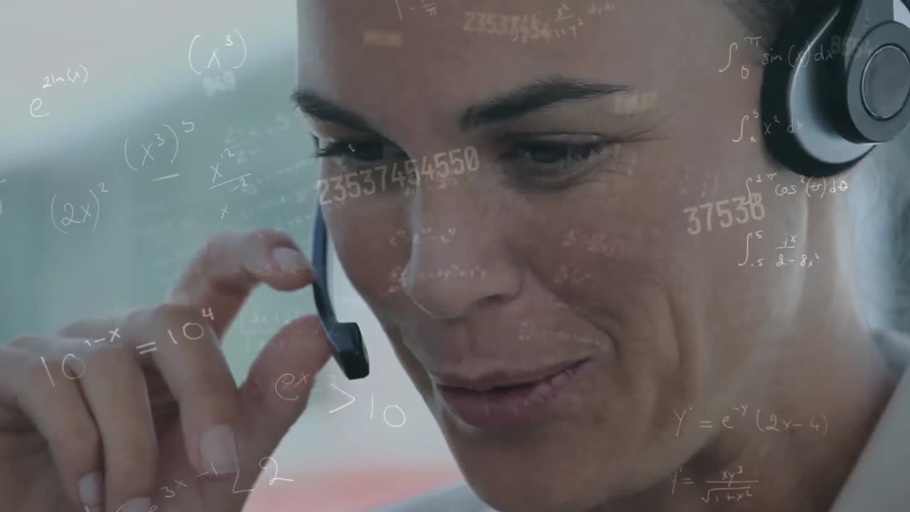 Animation of mathematical operations over businesswoman wearing phone headset